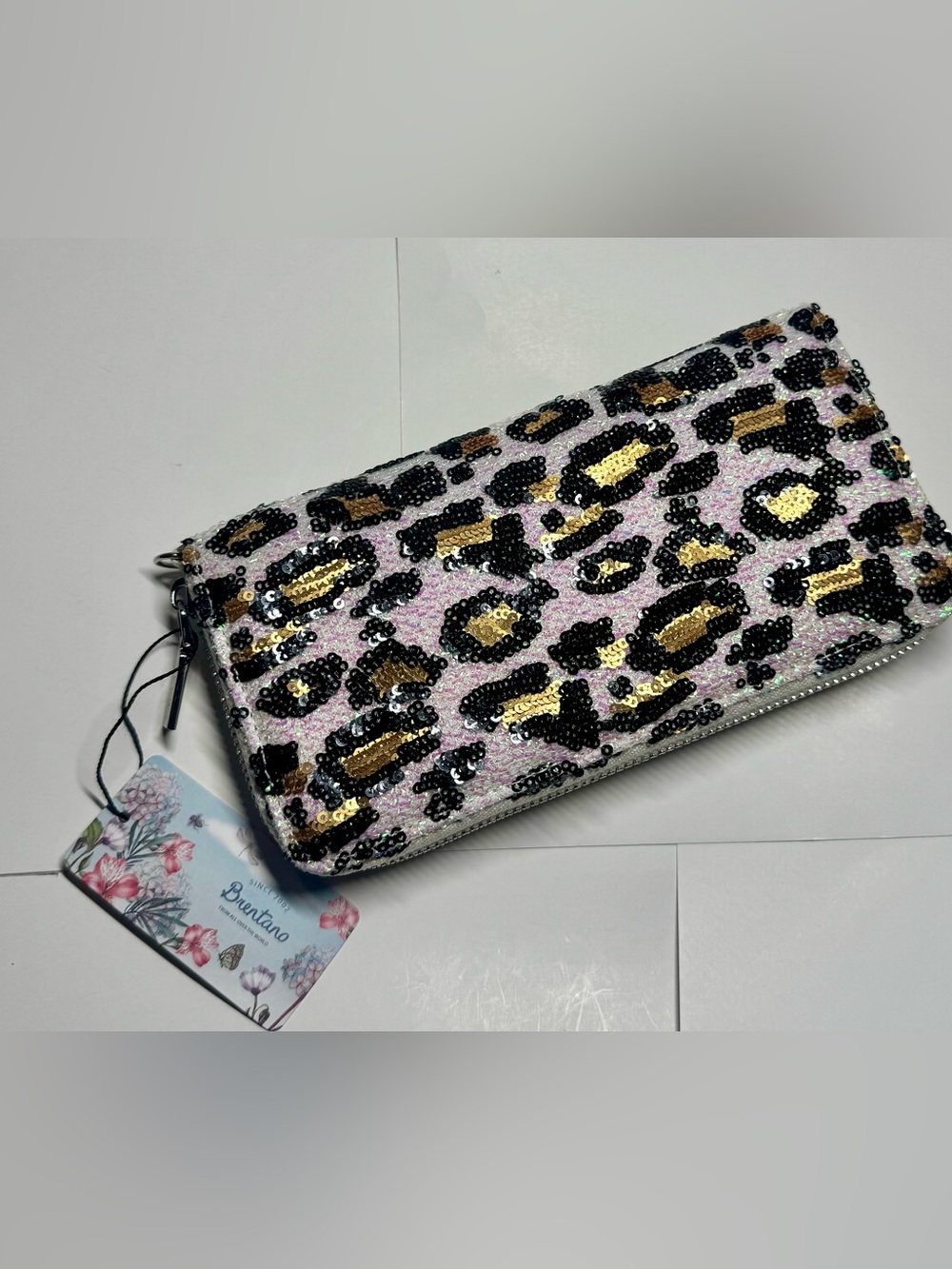 Brentano Sequin Leopard Print Wristlet Wallet